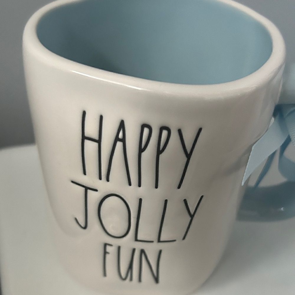 Rae Dunn Frosty Mug Holly Jolly Fun Light Blue Ceramic Coffee Mug